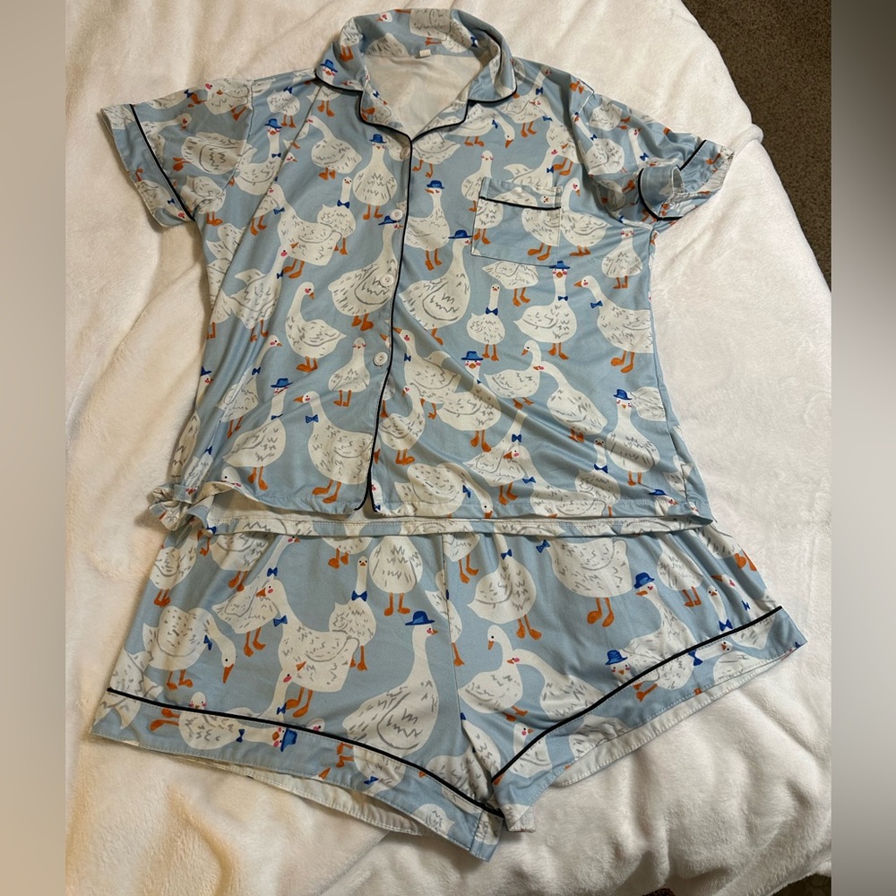 Women's Duck Goose Print Pajama Short Set - Light Blue - size 2XL